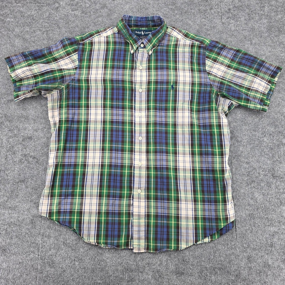 Ralph Lauren Mens XL Classic Fit Plaid Short Sleeve Button Down Shirt Green Blue